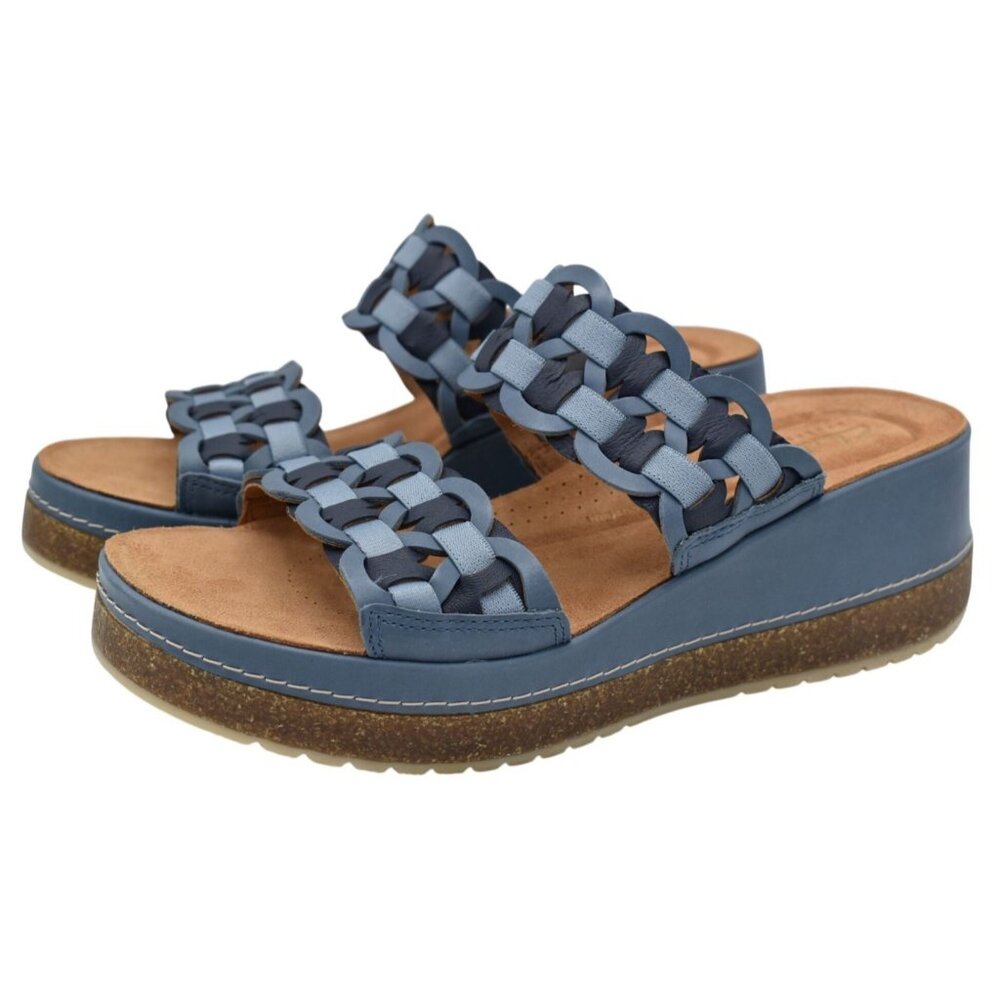 Clarks Women Size 8.5 Wide Width Kassanda Blue Combi Leather Mules Sandals Shoes